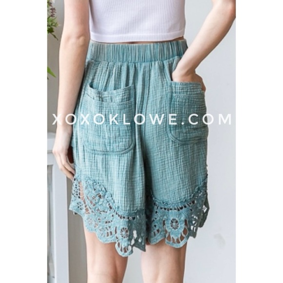 Oli & Hali Teal Washed Cotton Lace Bottom Elastic Waist Short - Picture 7 of 14
